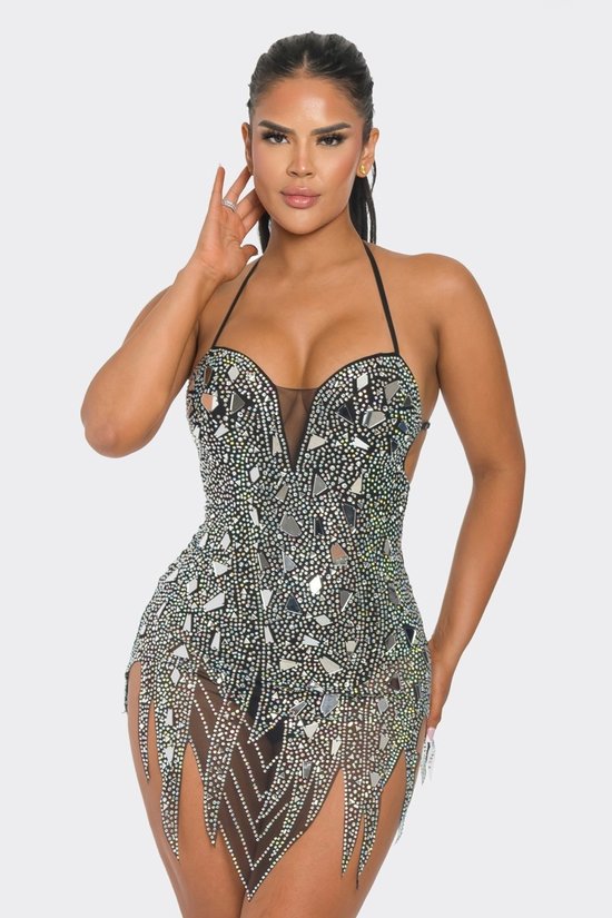 Rhinestone Tattered Mirror Bodycon Dress