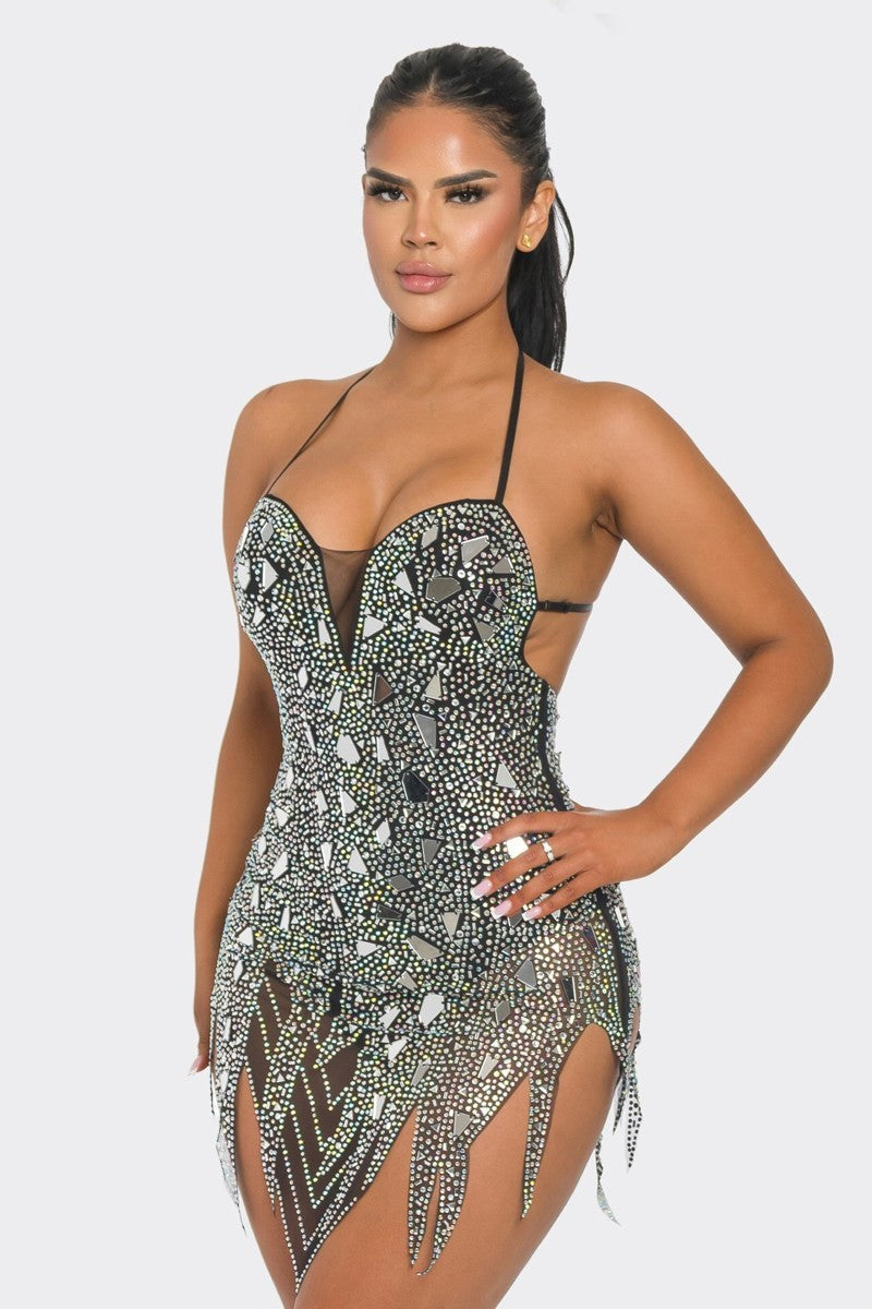 Rhinestone Tattered Mirror Bodycon Dress