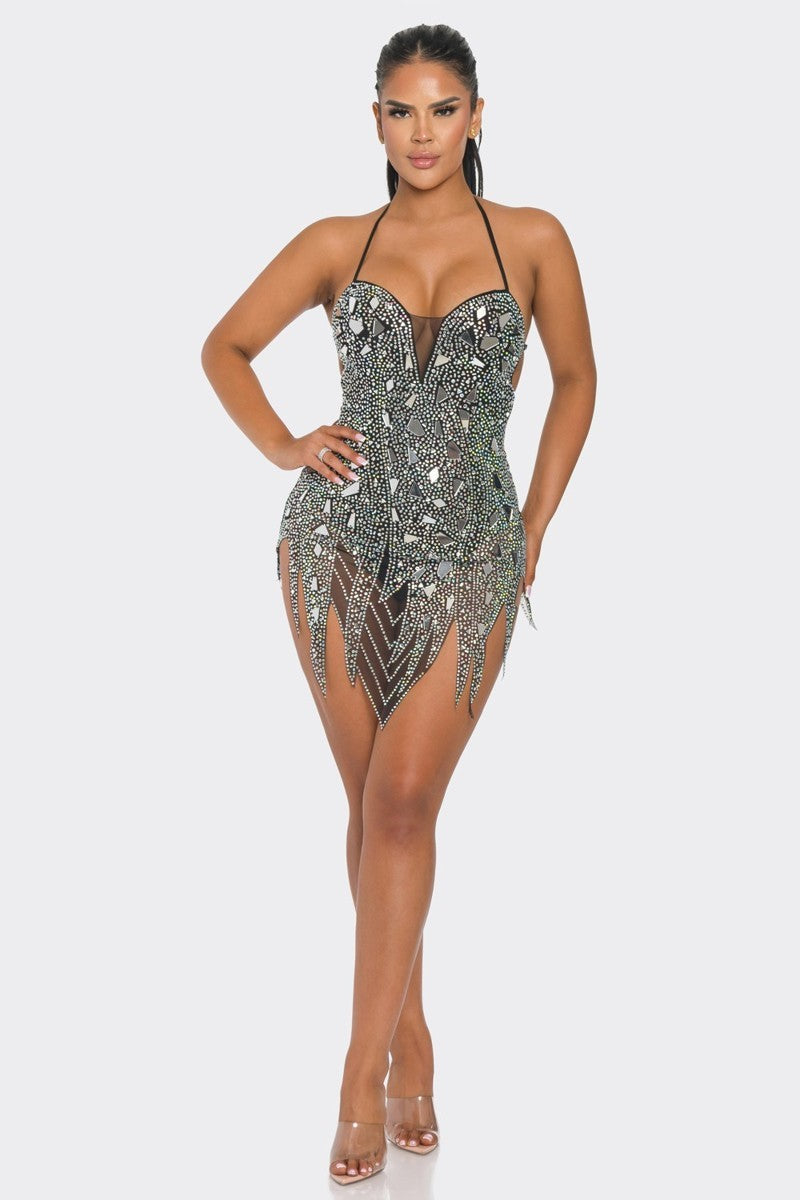 Rhinestone Tattered Mirror Bodycon Dress