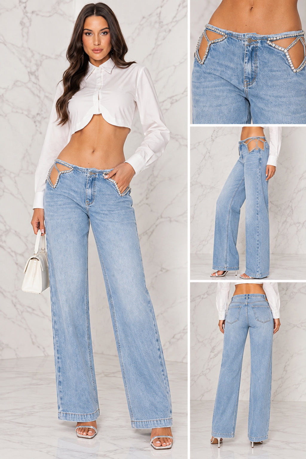 Rhinestone Cutout Wide Leg Jeans