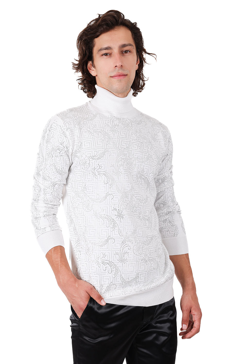 White and Silver Greek Key Pattern Turtleneck Sweater TURTLENECK Barabas Collection Vercini