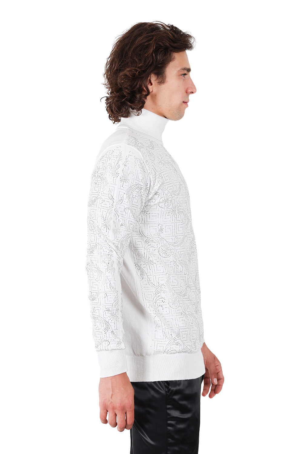 White and Silver Greek Key Pattern Turtleneck Sweater