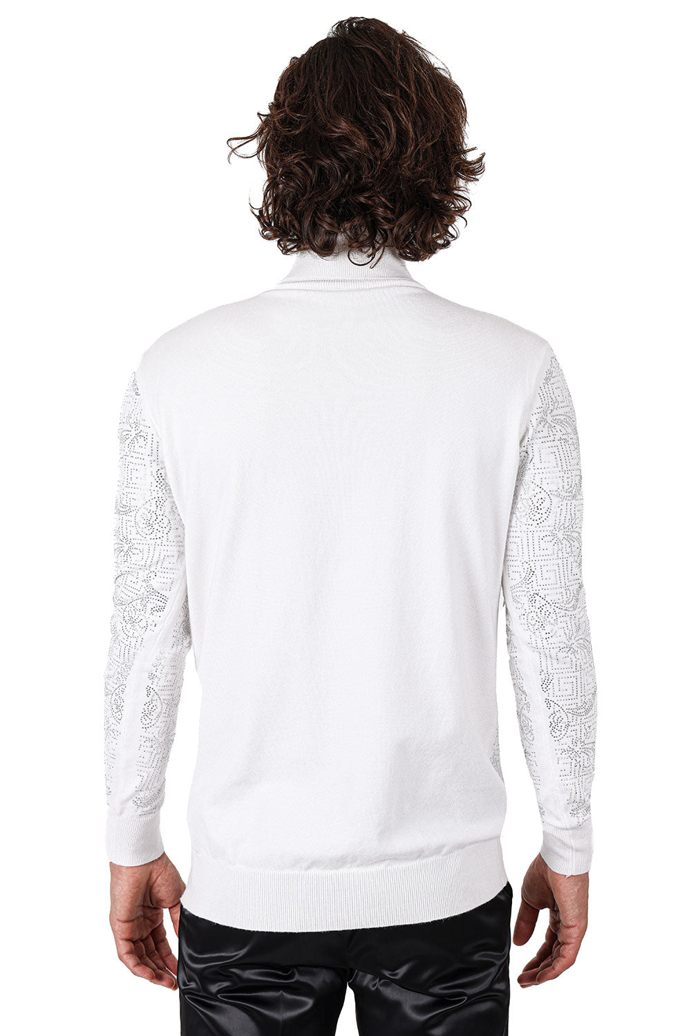 White and Silver Greek Key Pattern Turtleneck Sweater
