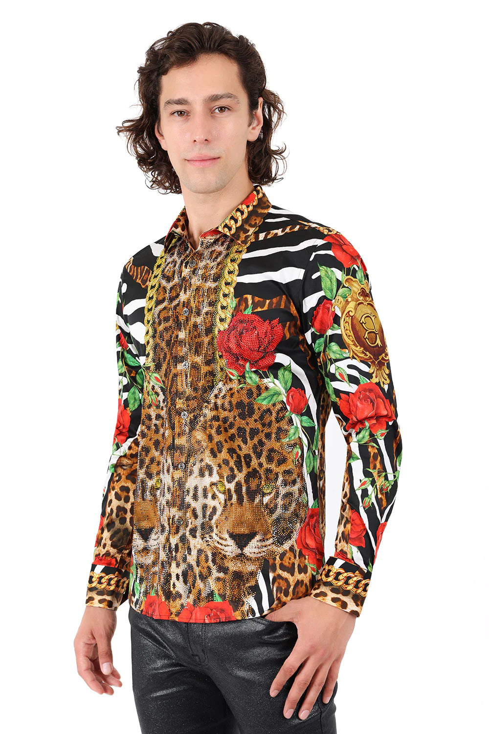 Cape Town Barabas Men's Rhinestone Baroque Leopard & Floral Shirt SHIRTS Barabas Collection Vercini
