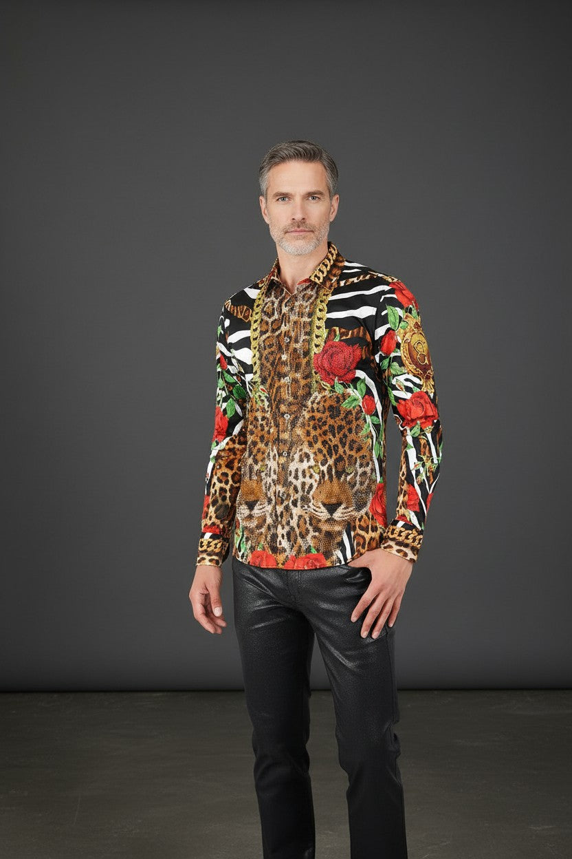 Rhinestone Baroque Leopard & Floral Shirt