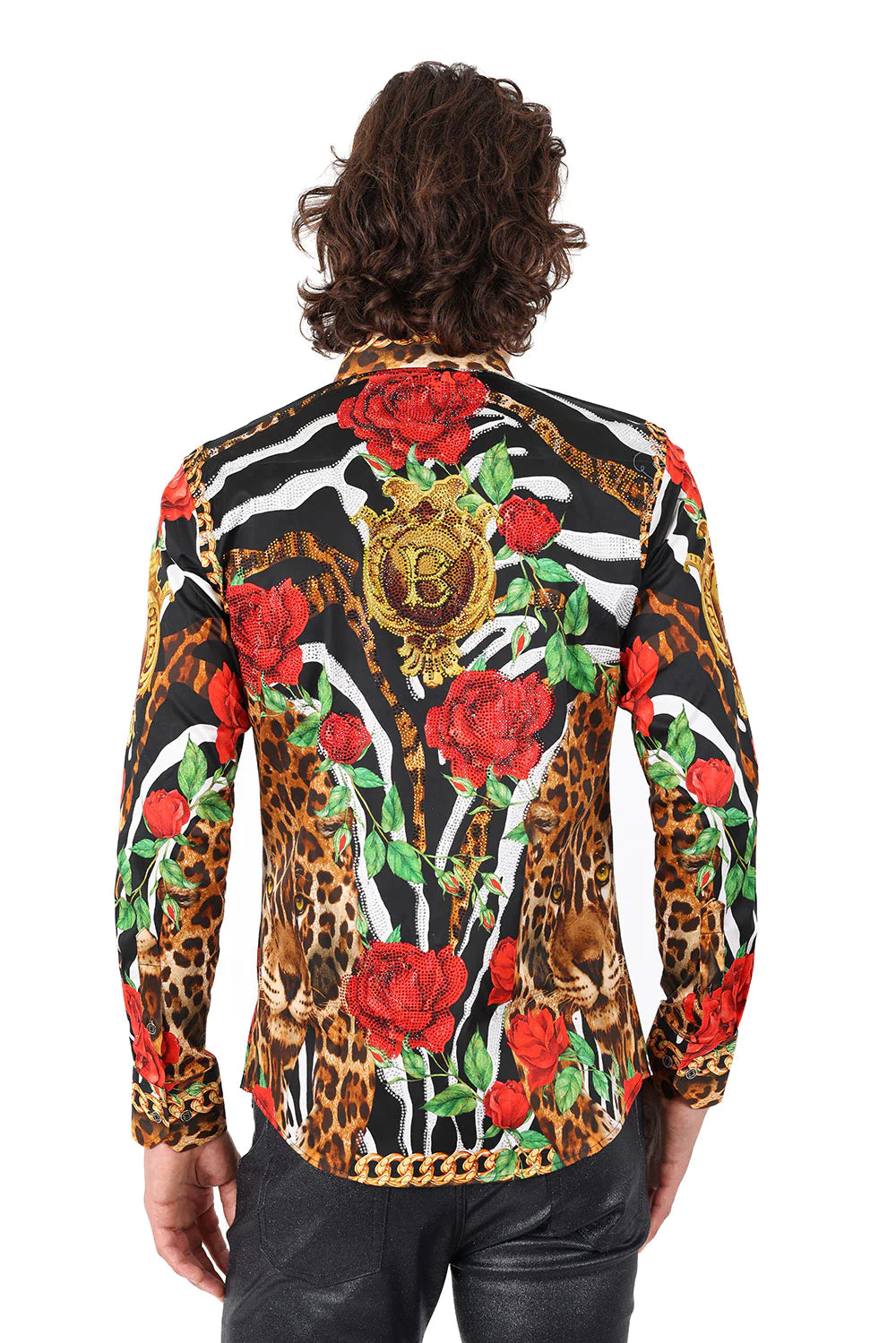 Cape Town Barabas Men's Rhinestone Baroque Leopard & Floral Shirt