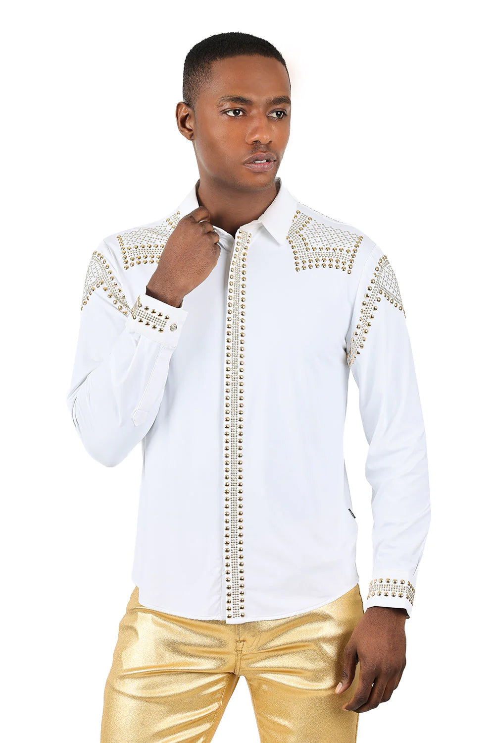 Bad Boy Barabas Long Sleeve Rivet Studded Shirt - White and Gold SHIRTS Barabas Collection Vercini