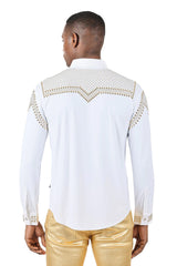 Super stretchy Long Sleeve Rivet Studded Shirt - White and Gold