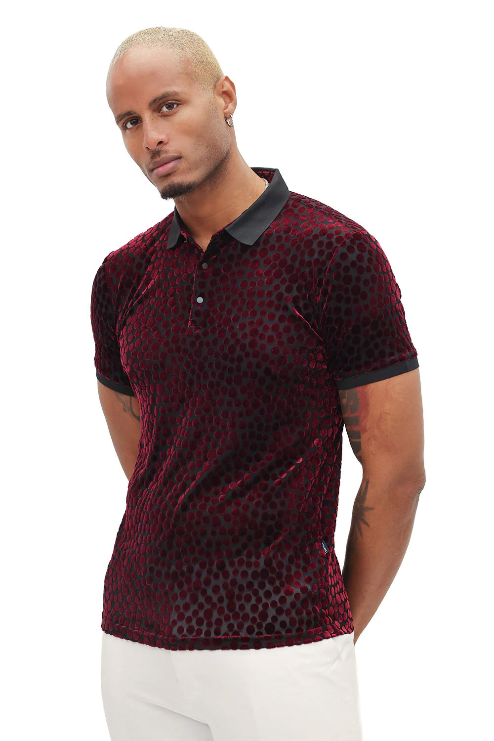 Sheer Elegance Polka Velvet Short Sleeve Polo T-SHIRTS Mondo Collection Vercini