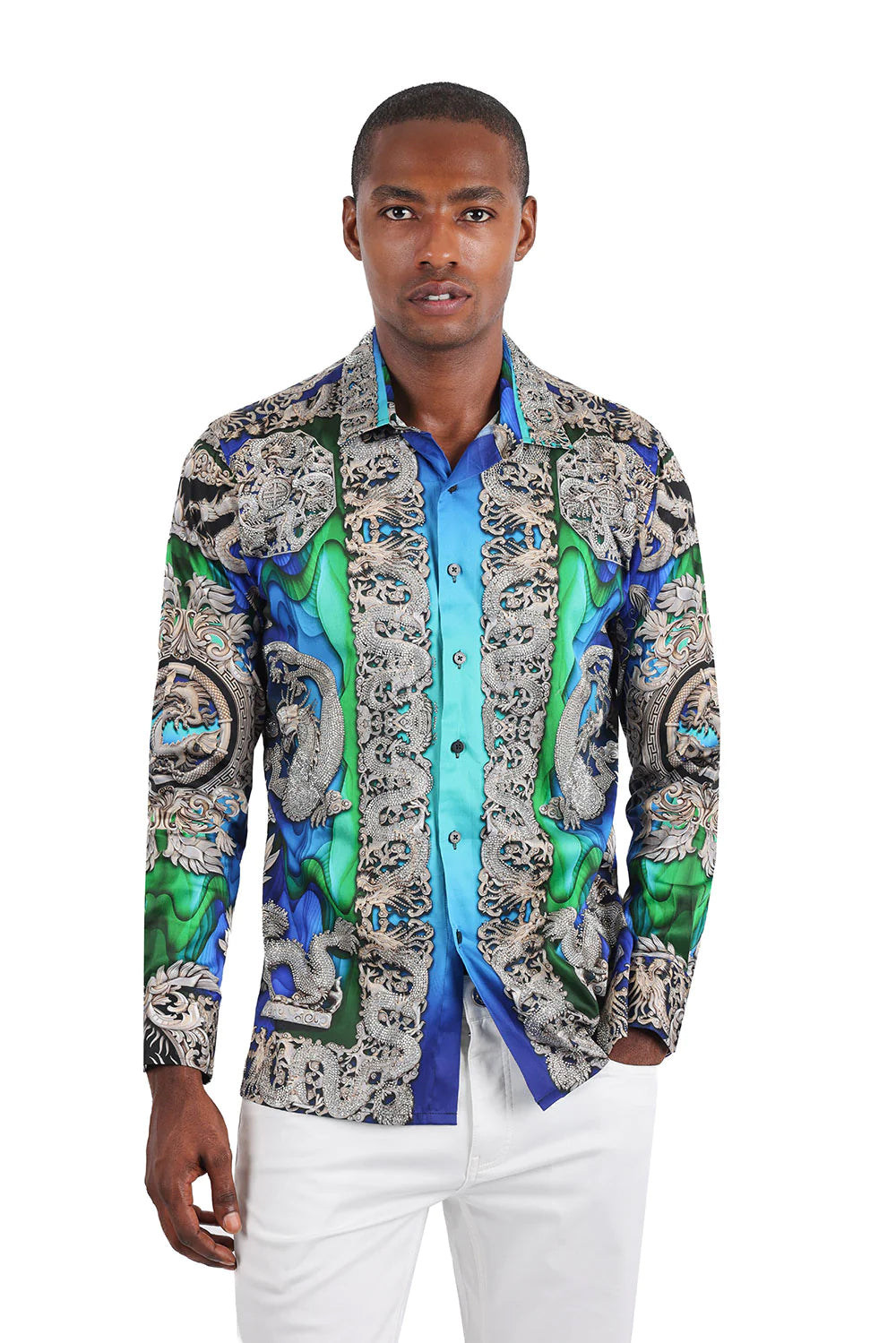 Barabas Men's West Dragon Hand-Placed Rhinestone Long-Sleeve Shirt SHIRTS Barabas Collection Vercini