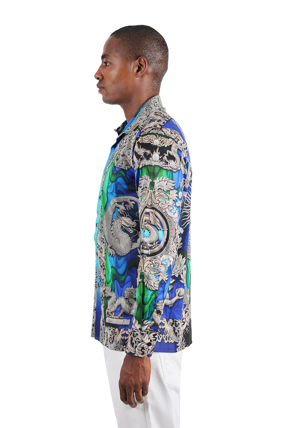 Men's West Dragon Hand-Placed Rhinestone Long-Sleeve Shirt