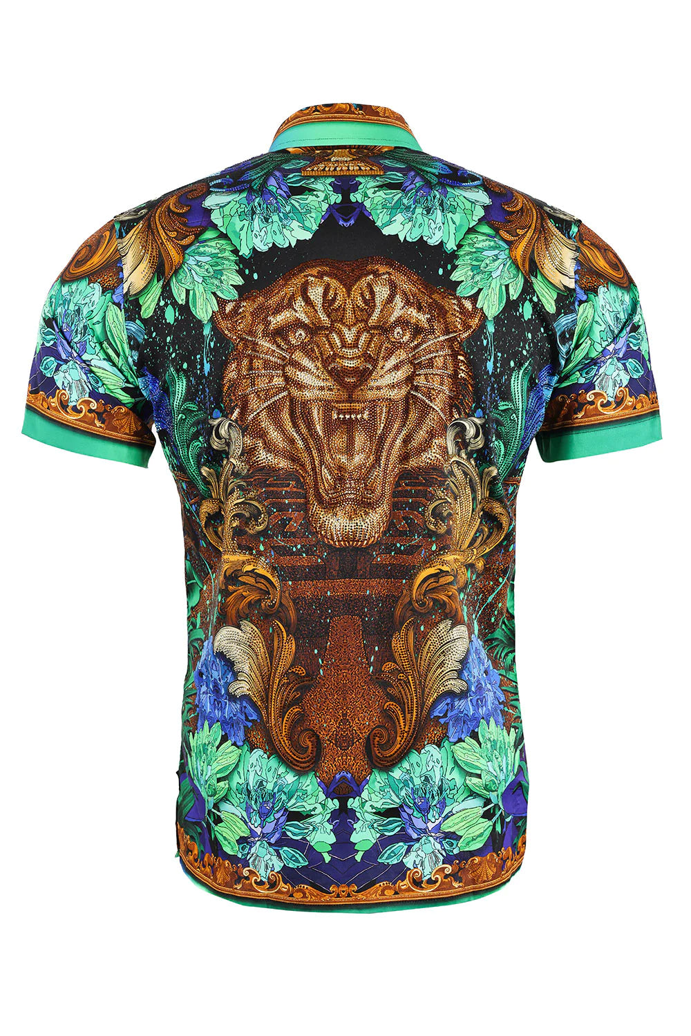 Tiger and Multi-Color Rhinestone Floral Short-Sleeve Button-Down Shirt