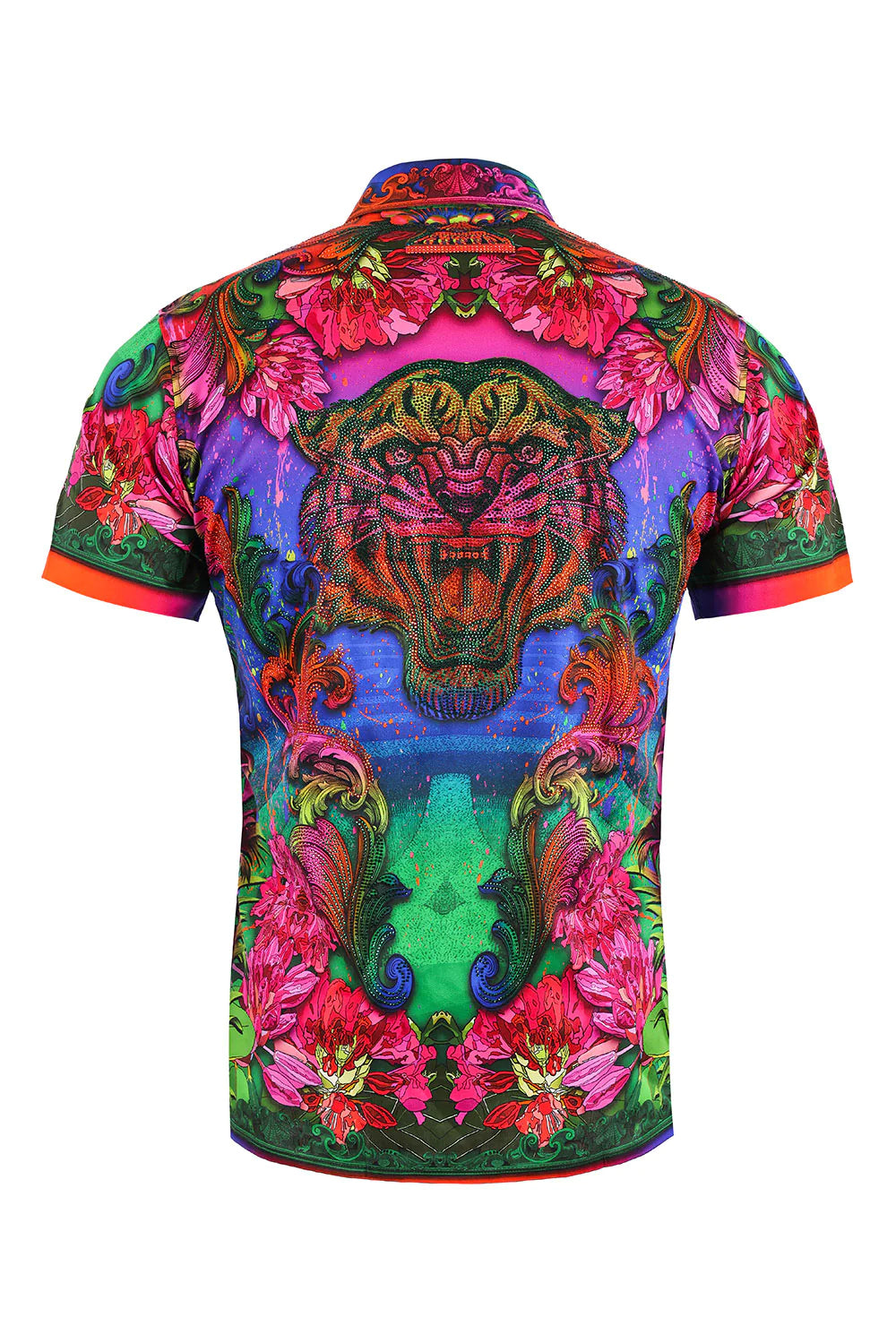 Barabas Tiger and Multi-Color Rhinestone Floral Short-Sleeve Button-Down Shirt