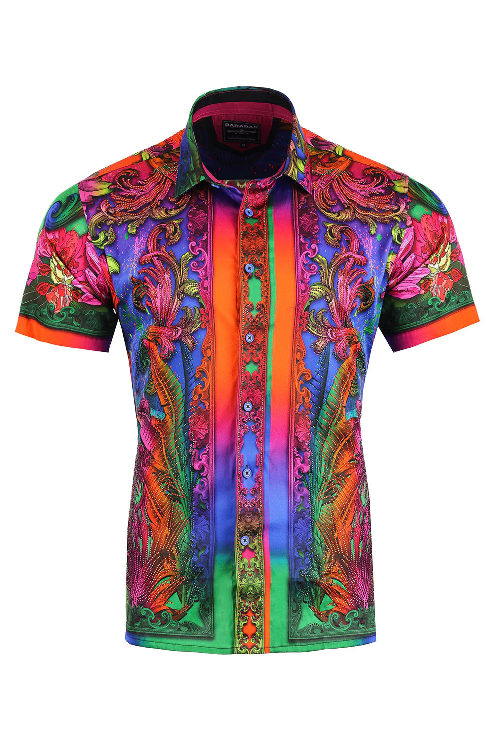 Barabas Tiger and Multi-Color Rhinestone Floral Short-Sleeve Button-Down Shirt SHIRTS Barabas Collection Vercini
