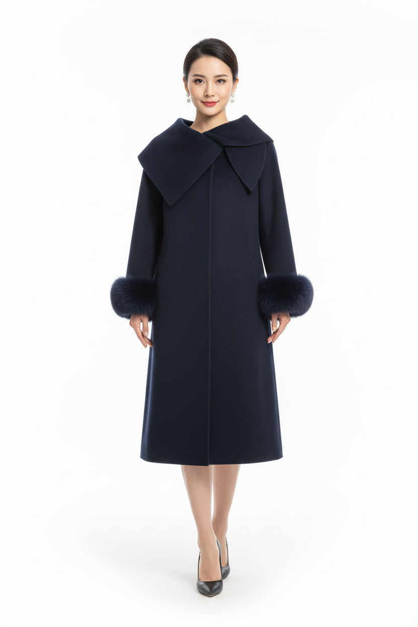 wool blend coat with large plush  hoodfur cuffs