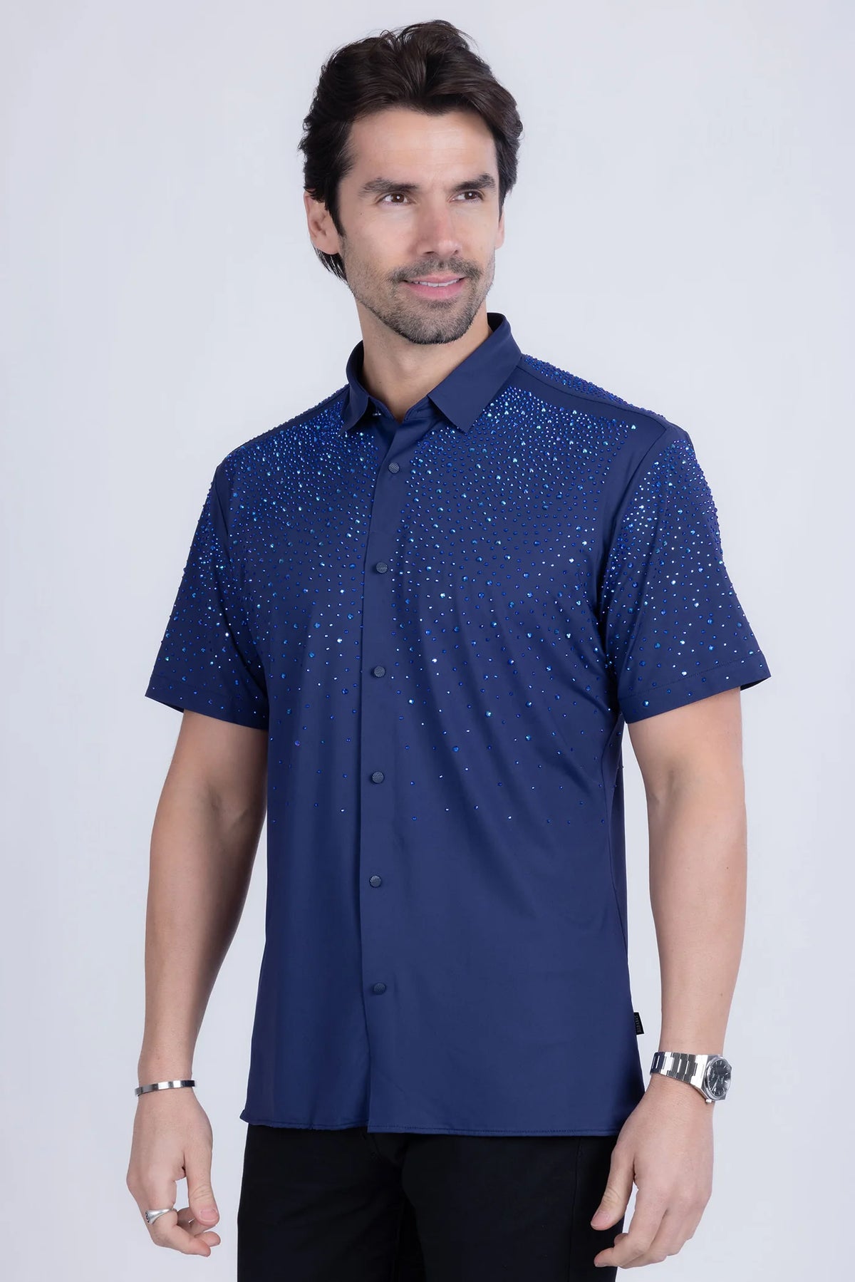 MEN'S RINSTHONES BUTTON  DOWN SHORT SLEEVES SHIRT