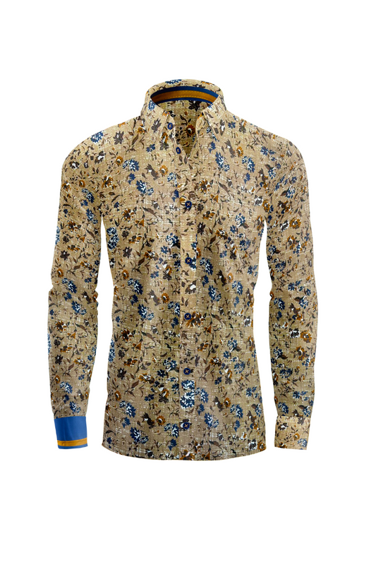 Tan Floral Navy Blue Shirt with Brown Blossom Pattern
