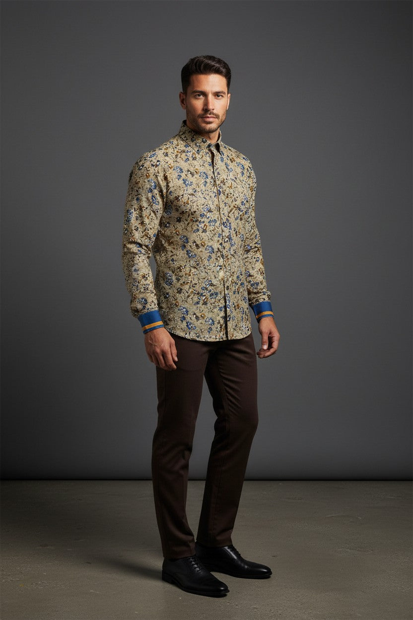 Tan Floral Navy Blue Shirt with Brown Blossom Pattern