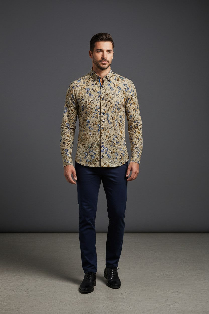 Tan Floral Navy Blue Shirt with Brown Blossom Pattern