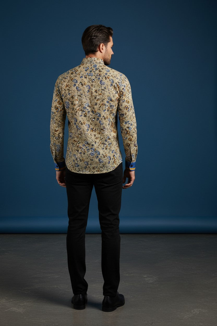 Tan Floral Navy Blue Shirt with Brown Blossom Pattern