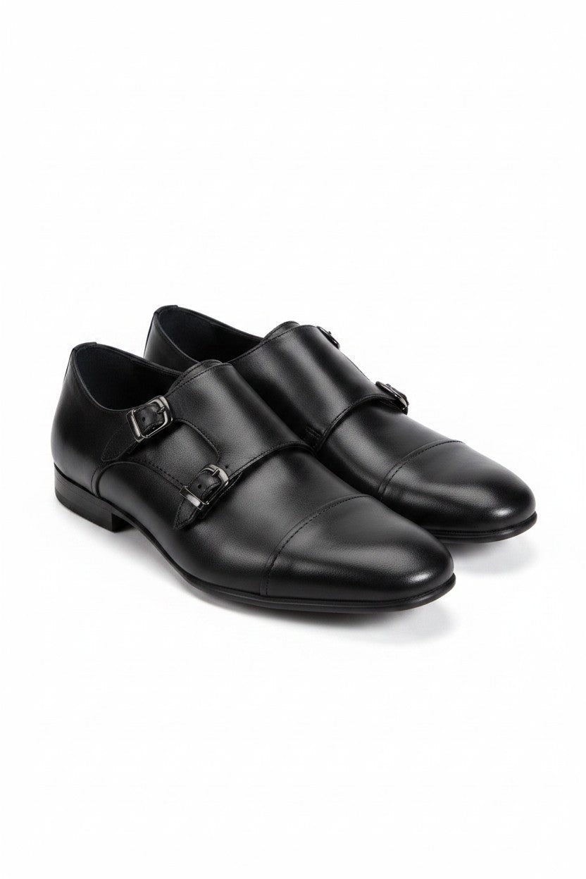 Double Monk Strap Cap Toe Oxford — Black