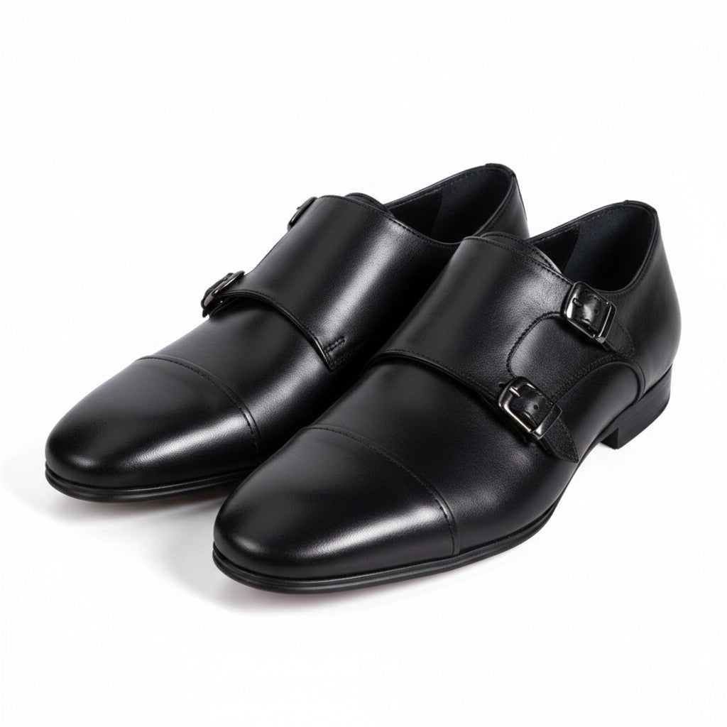 Double Monk Strap Cap Toe Oxford — Black