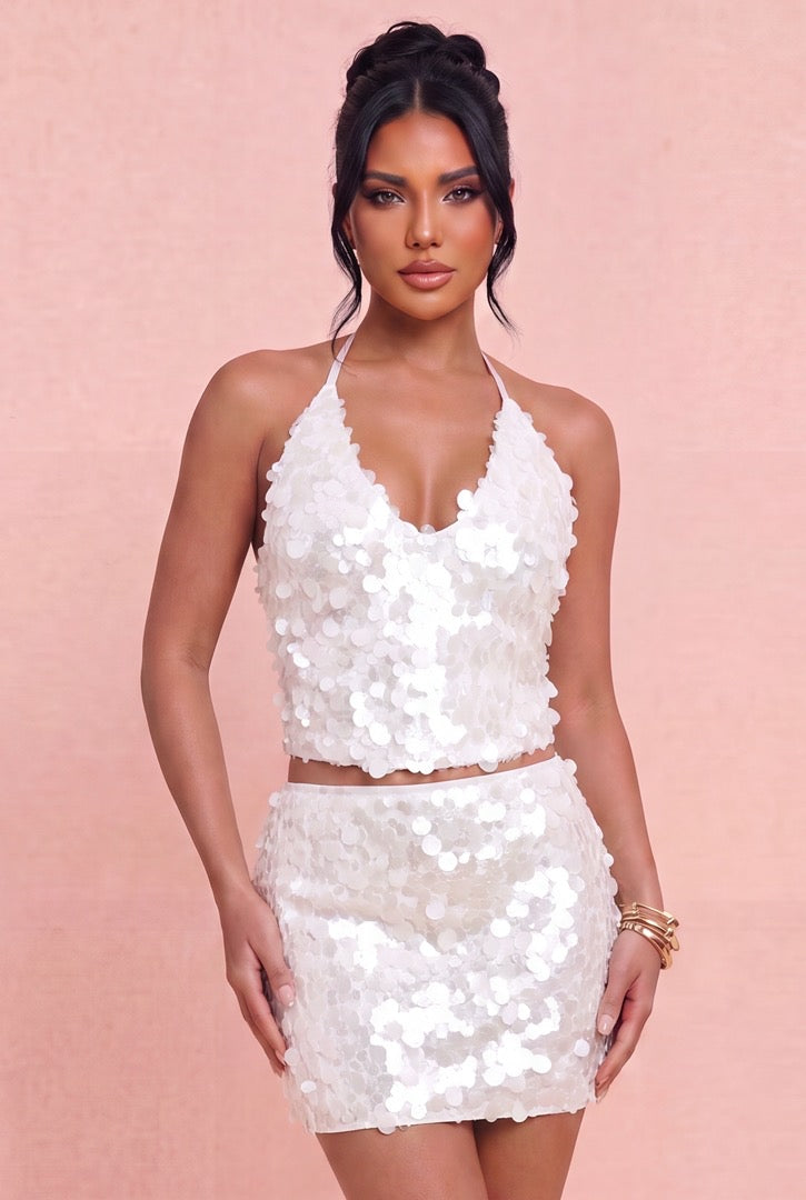Ivory Sequin Halter Two-Piece Set