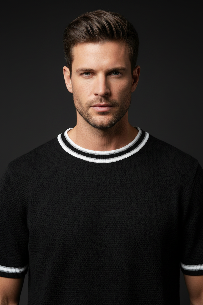 Modern Textured Knit Cotton Sweater with Contrast Trim