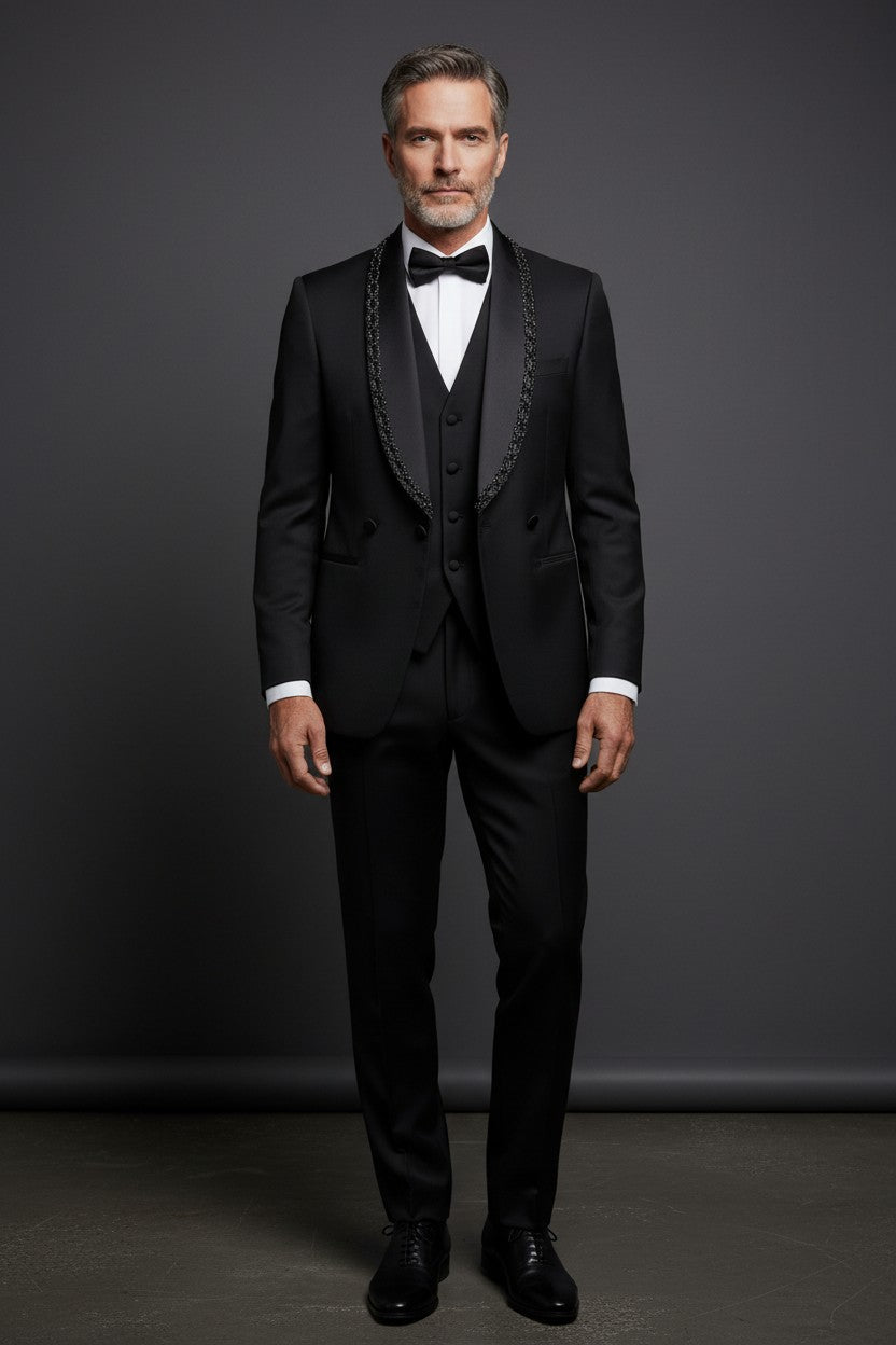 Black Crystal-Embellished Shawl Lapel Double-Breasted Tuxedo