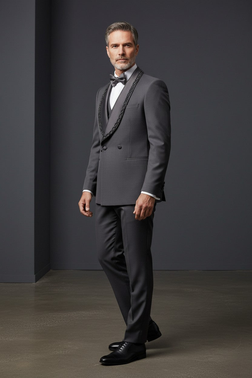Black Crystal-Embellished Shawl Lapel Double-Breasted Tuxedo