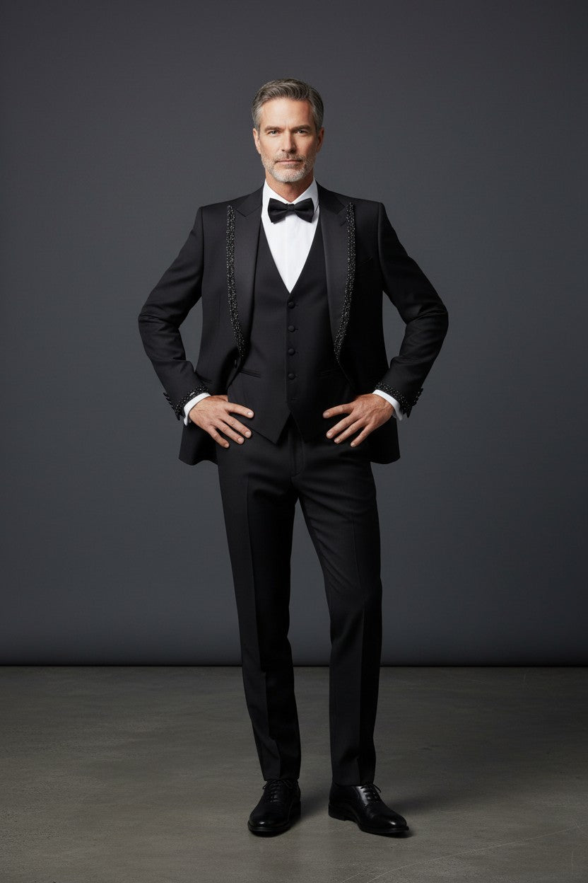 Black Crystal-Embellished Shawl Lapel Double-Breasted Tuxedo