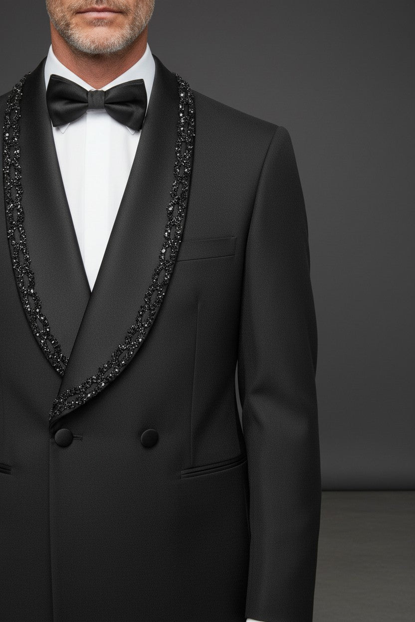 Black Crystal-Embellished Shawl Lapel Double-Breasted Tuxedo
