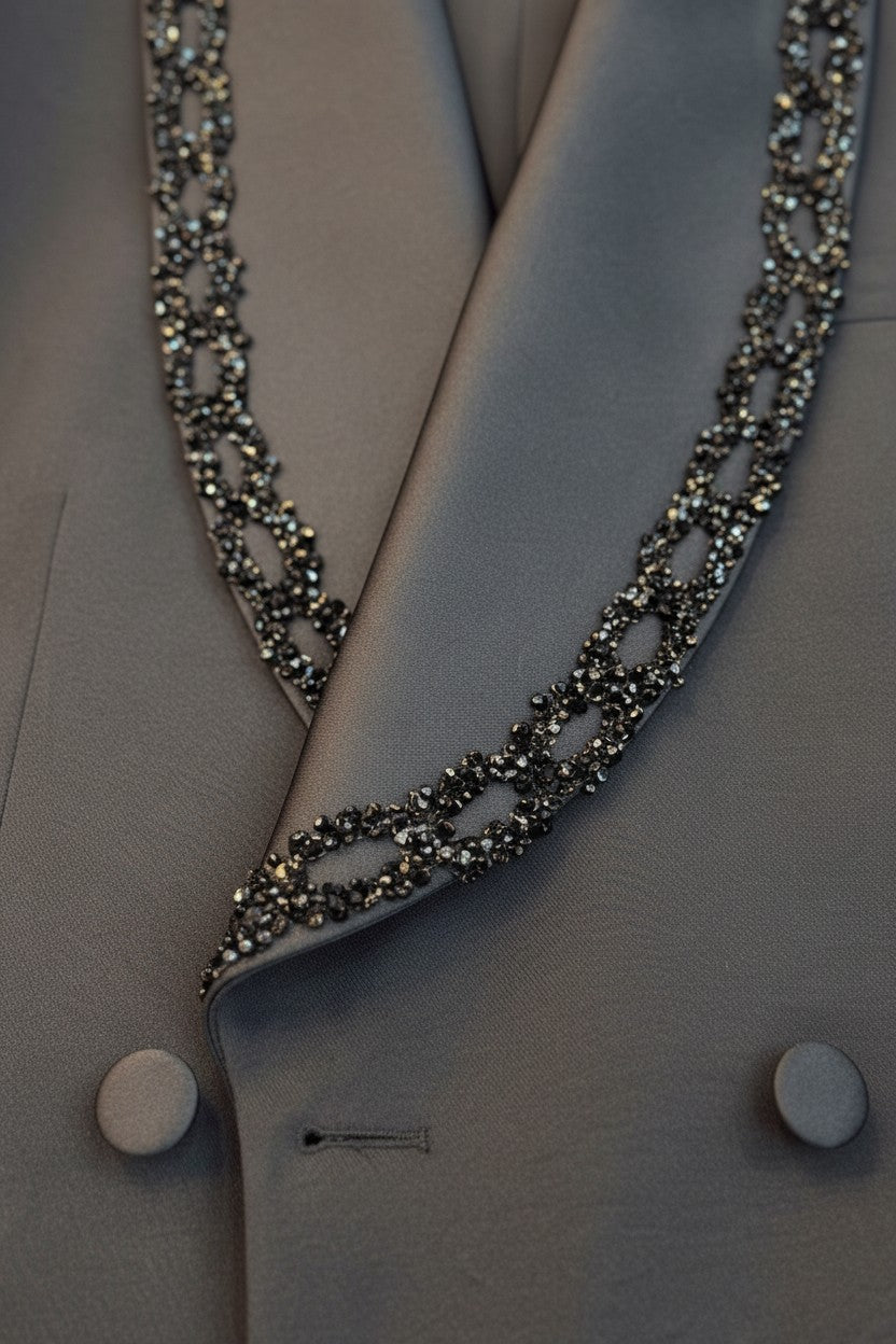 Black Crystal-Embellished Shawl Lapel Double-Breasted Tuxedo
