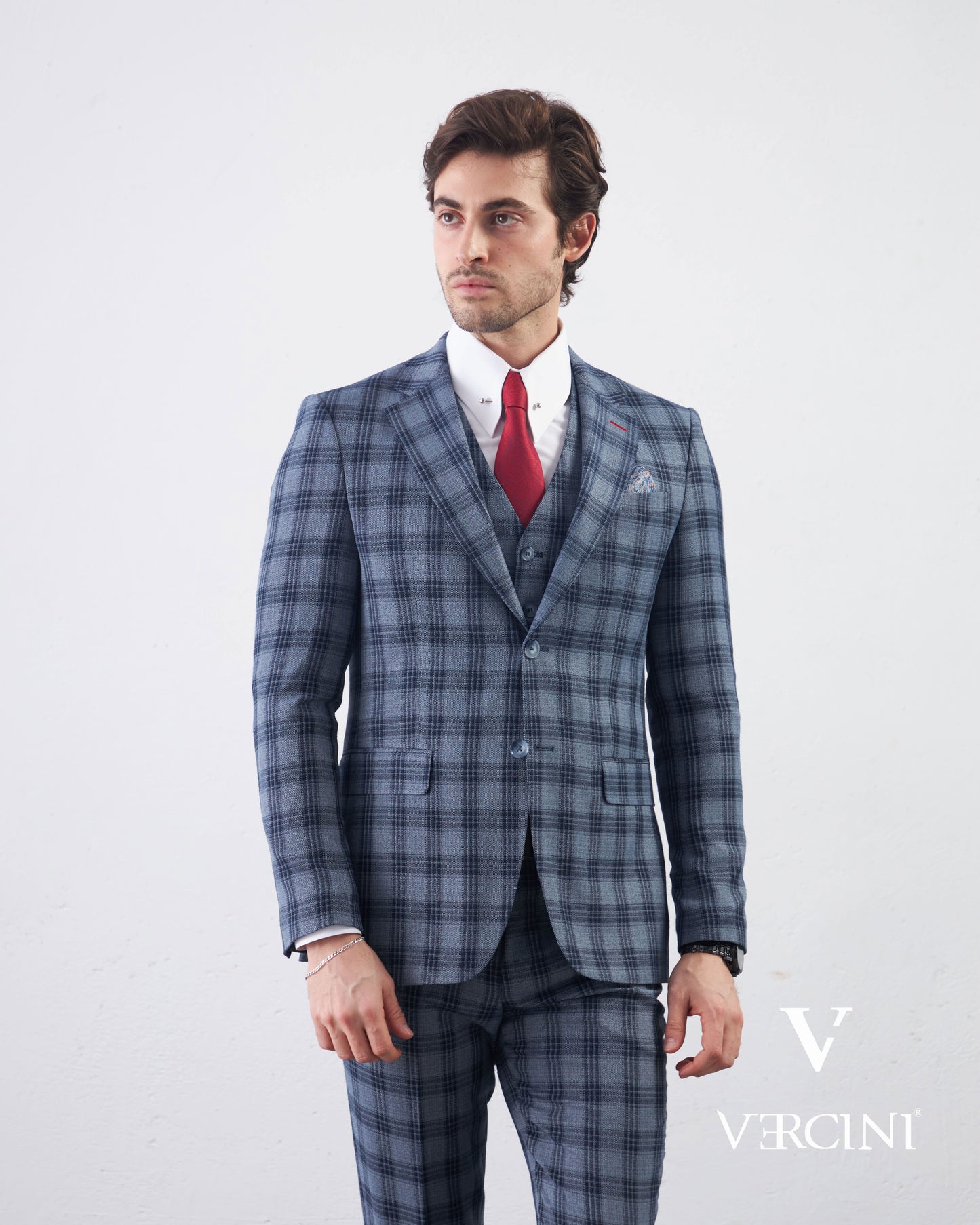 Vercini Men's Elegante Plaid Three-Piece Suit