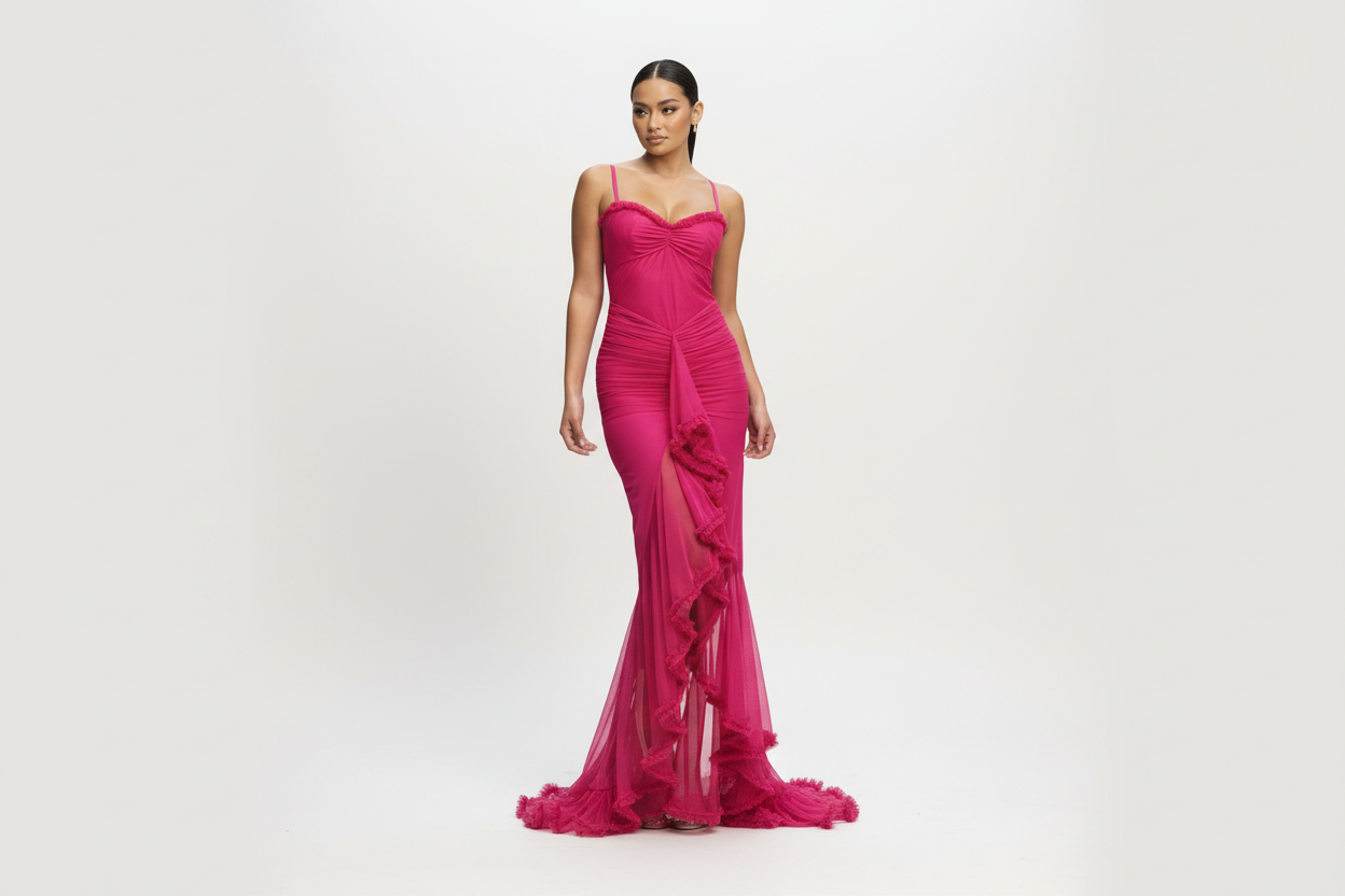 SHIRRED MESH RUFFLE MAXI DRESS