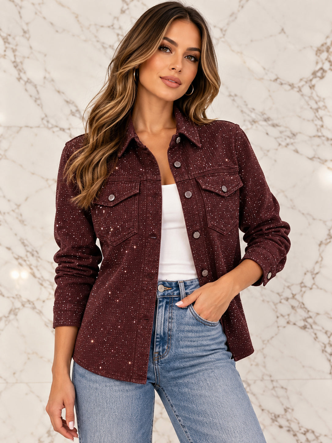 Burgundy Sparkle Button Front Jacket