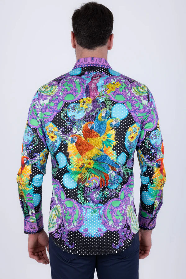 Baroque Parrot Paradise Shirt - Purple & Turquoise Multi-Color Print