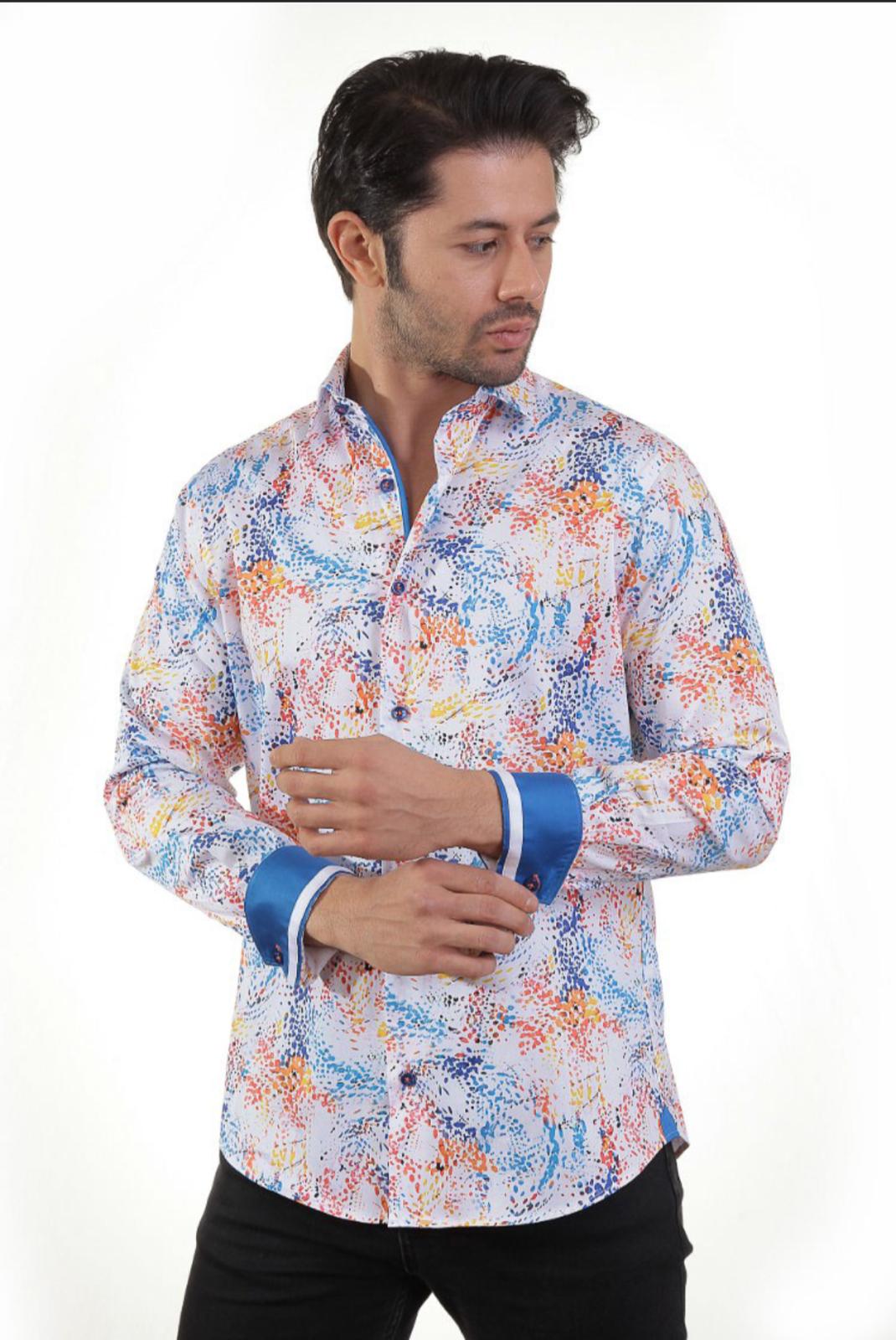 Blue Shirt With Wave Orange Yellow Design