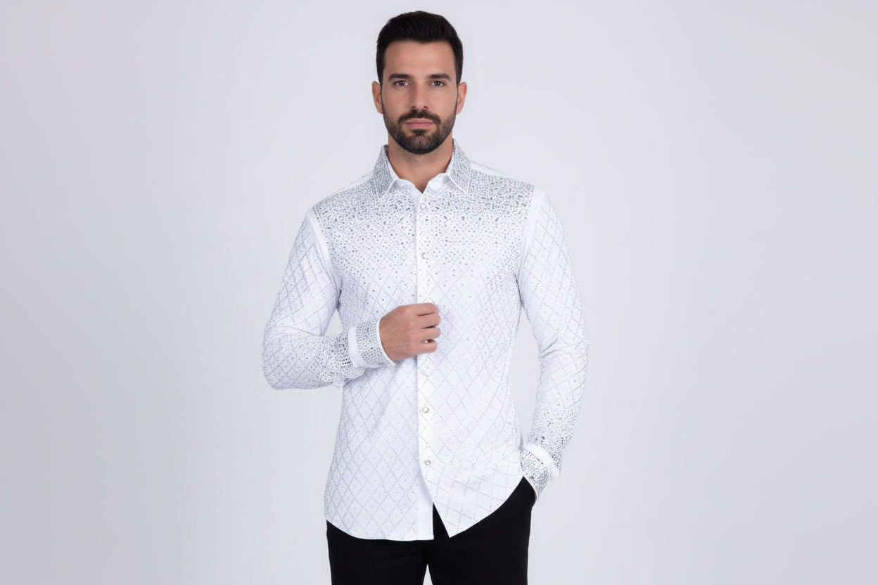 Man wearing a white shirt with silver embroidery on a white background