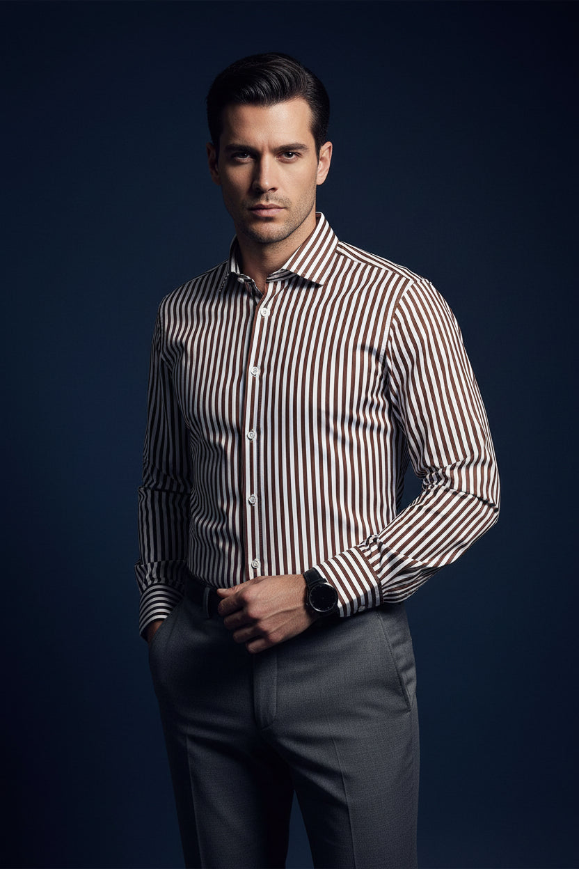 Men’s 100% Cotton Striped Dress Shirt – Light Blue, Brown & Navy