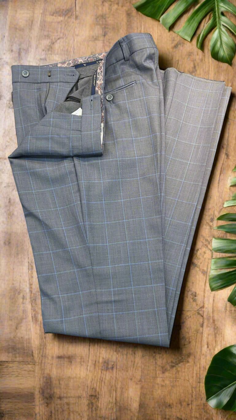 Vercini Gray and Blue Plaid Pleated Dress Pants – Slim Fit, Poly-Viscose Blend