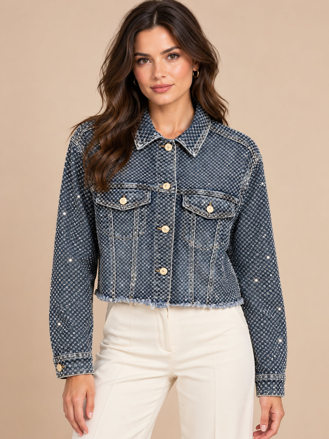Crystal-Embellished Cropped Denim Jacket