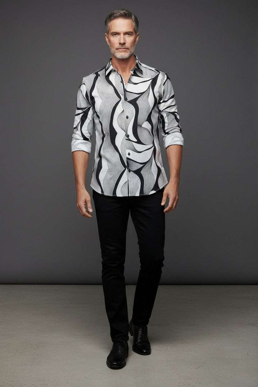 Vercini Men's White Zebra Print Long Sleeve Shirt
