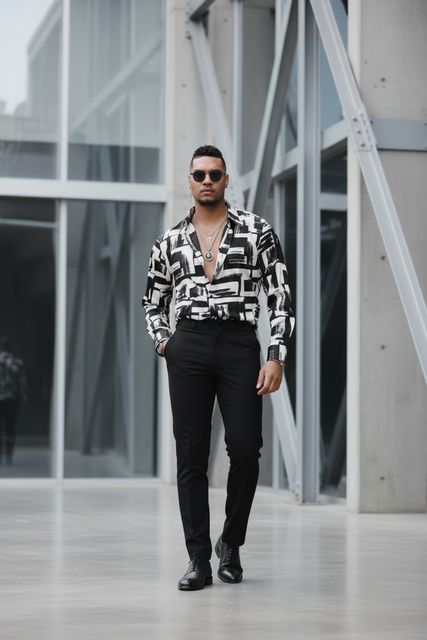 BLACK AND WHITE LONG SLEEVE BUTTON UP