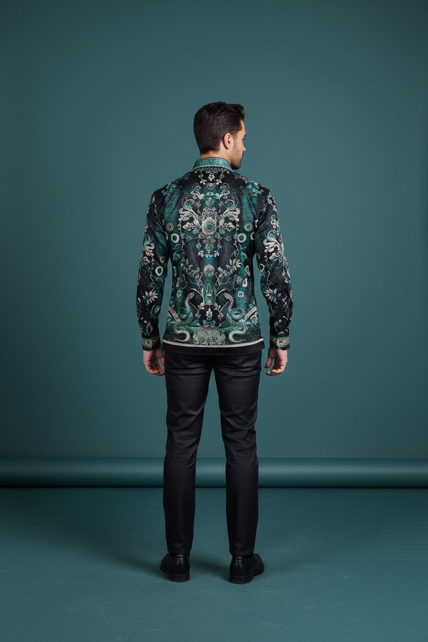 Men's Rhinestone Floral Snake Skin Long Sleeve Shirts