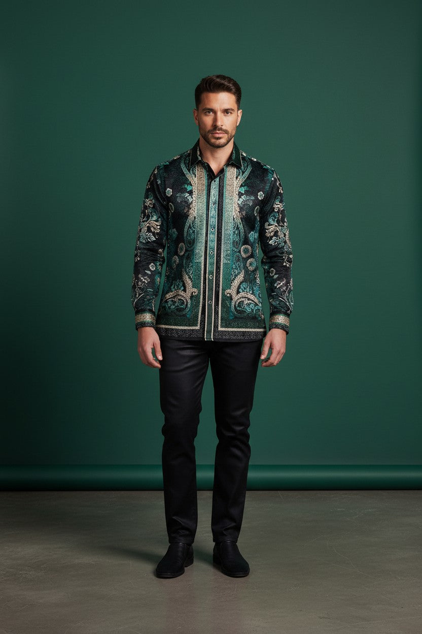 Men's Rhinestone Floral Snake Skin Long Sleeve Shirts