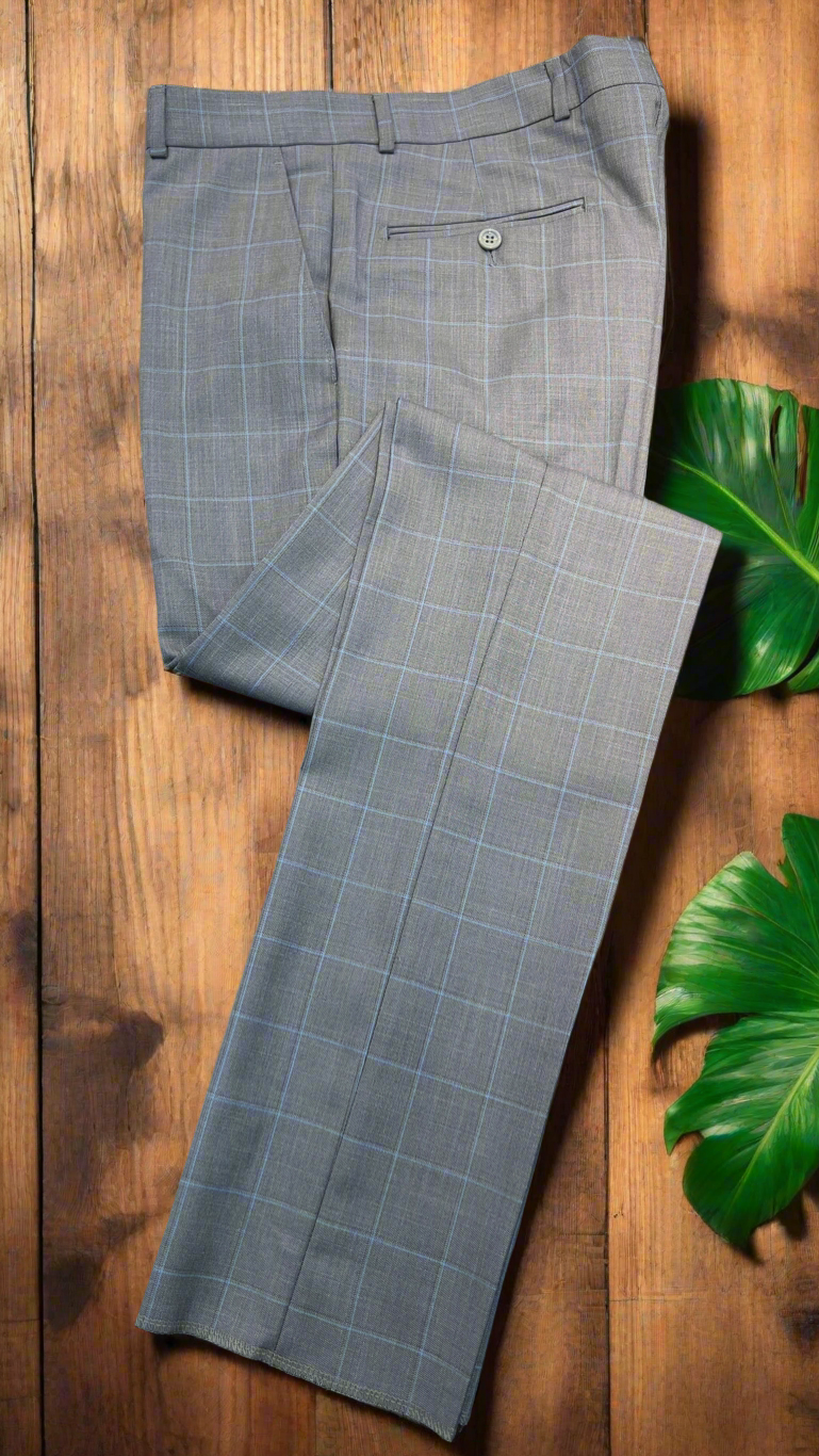 Vercini Gray and Blue Plaid Pleated Dress Pants – Slim Fit, Poly-Viscose Blend
