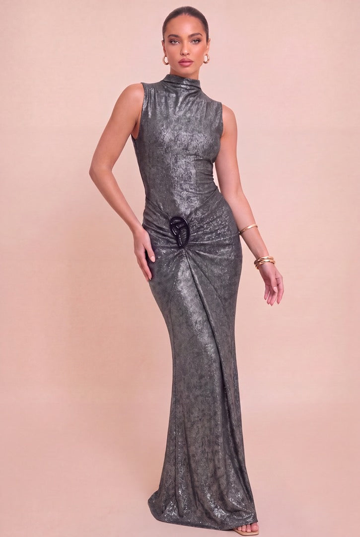 Metallic Mock-Neck Ruched Maxi Gown