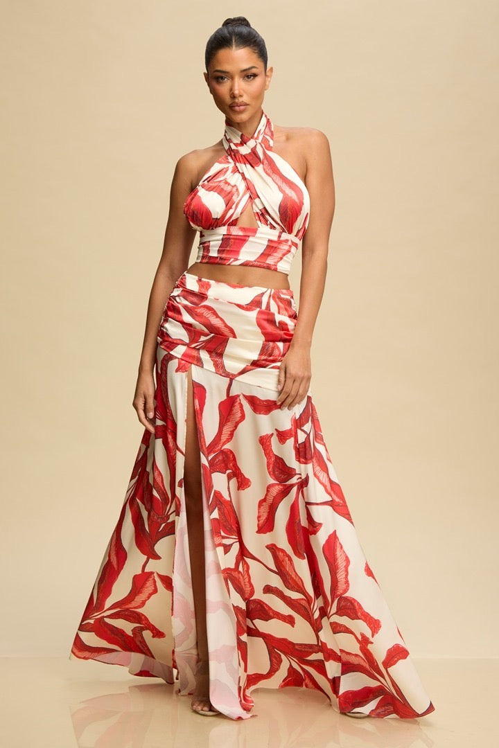 TWO PIECE SET WITH ABSTRACT LEAF PRINT
