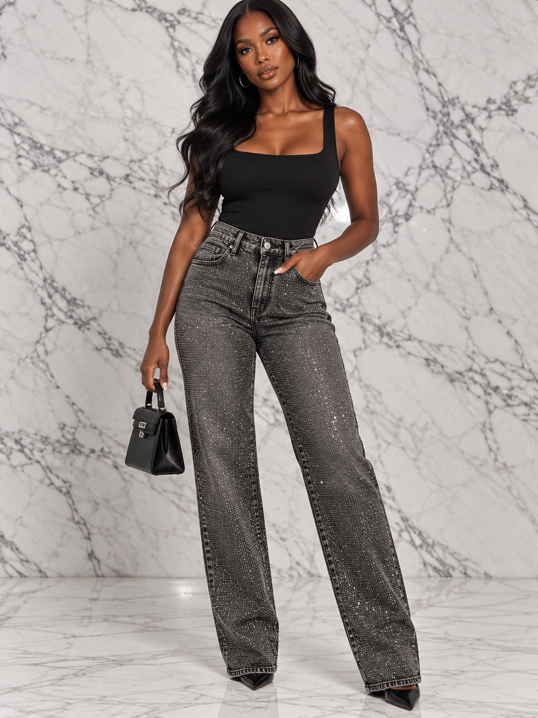 Dark Wash Rhinestone Wide Leg Jeans
